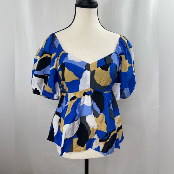 NINE WEST Womens Babydoll Puff Sleeve Floral Top. Blue Tan. Size Small N… - Picture 1 of 5